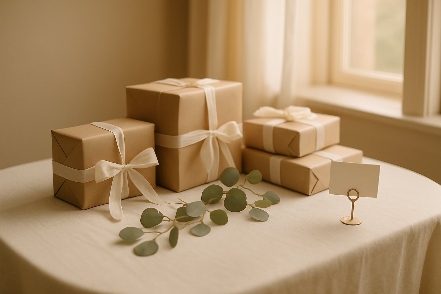 Geschenktisch bei einer Hochzeit mit schlicht verpackten Päckchen in Creme und Kraftpapier