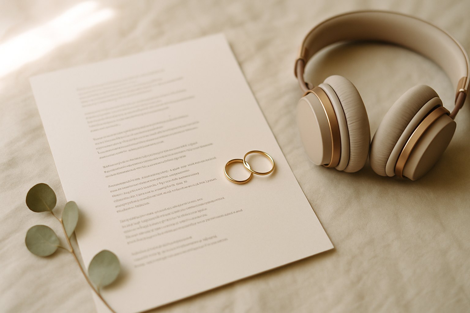 Songtext eines individuell geschriebenen Hochzeitssongs neben zwei Eheringen