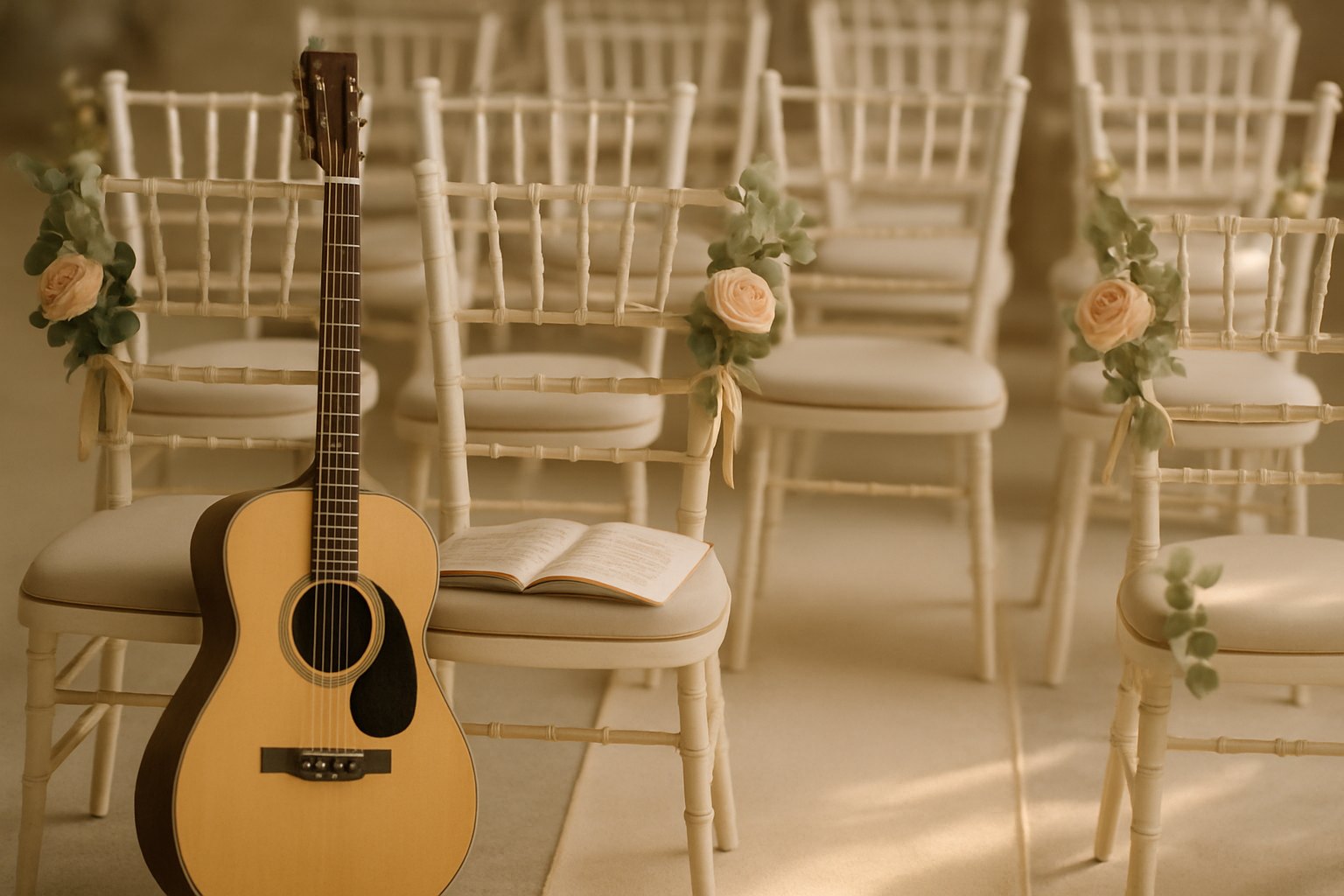 Weiße Zeremonie-Stuhlreihen mit Eukalyptus und Rosen, davor eine akustische Gitarre mit Notenblatt